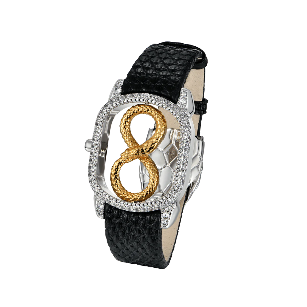 Фото и внешний вид — Кожаный браслет Infinity Black Snake Dial с белой и желтой позолотой