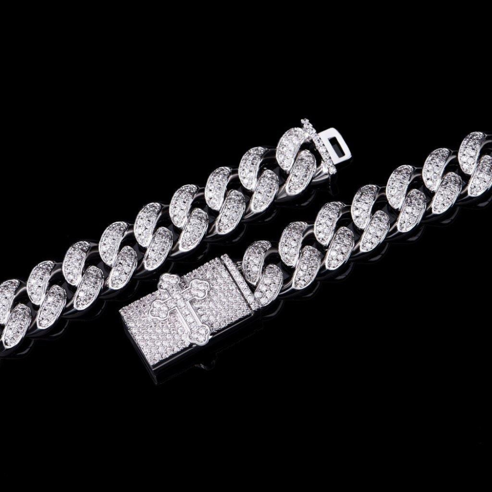 Фото и внешний вид — Кубинская цепь Cross 12мм с белой позолотой