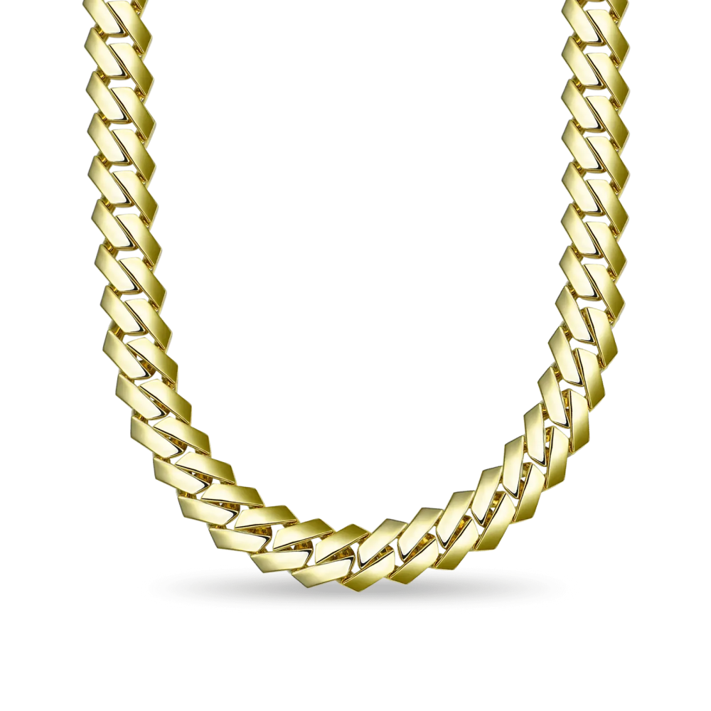Фото и внешний вид — Кубинская цепь 19мм острая без камней с желтой позолотой
