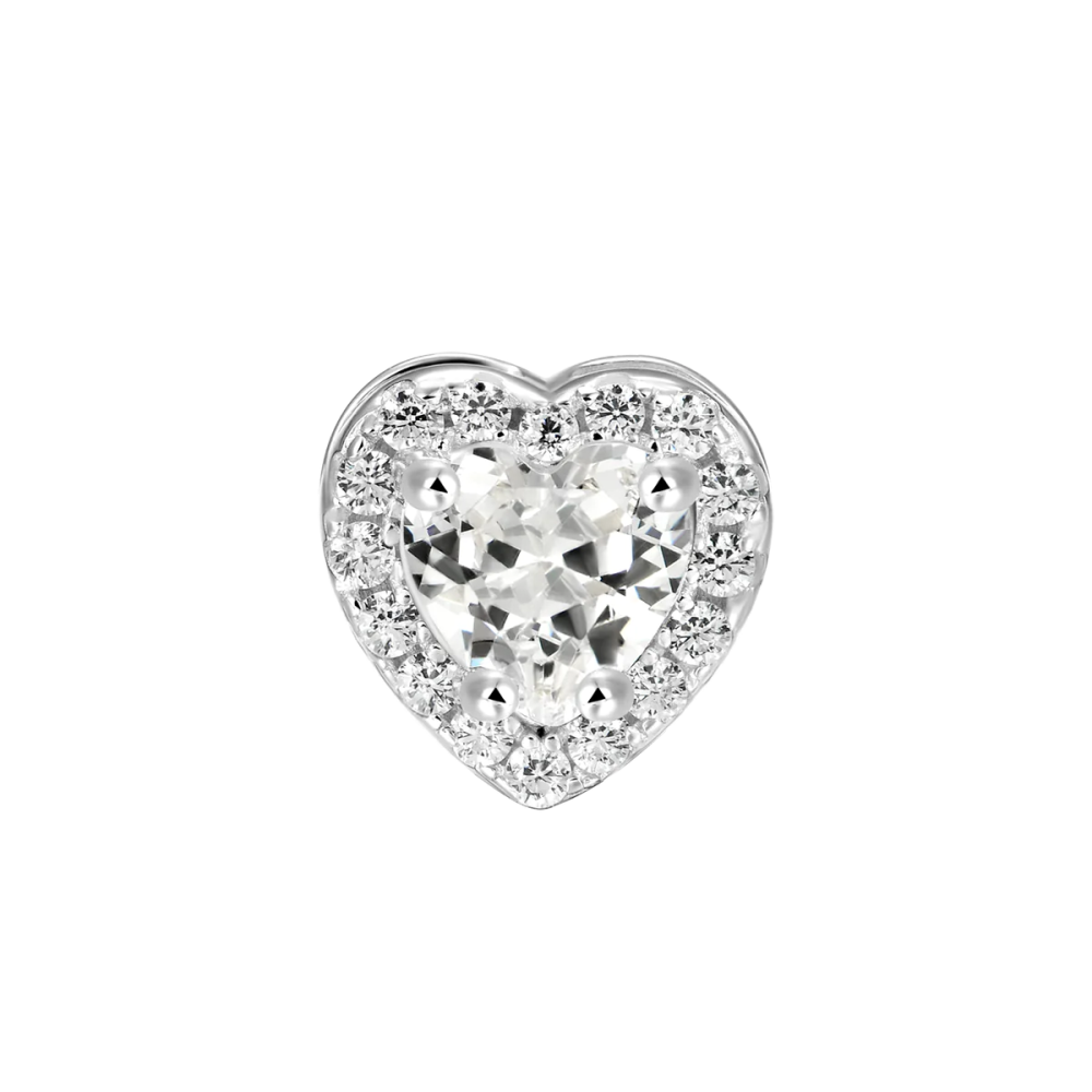 Фото и внешний вид — Серьга-гвоздик с камнем в форме сердца, маленькими камнями и белой позолотой
