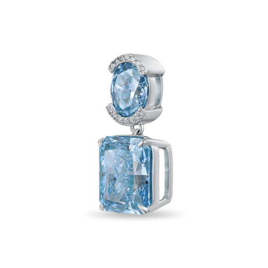Серьга-подвеска Crushed Ice с синим камнем изумрудной огранки и белой позолотой