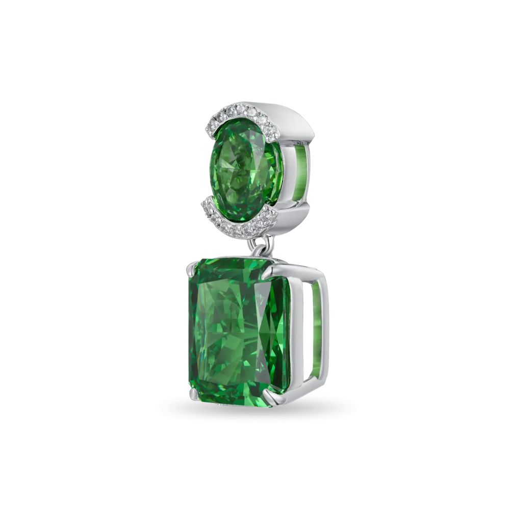Фото и внешний вид — Серьга-подвеска Crushed Ice с зеленым камнем изумрудной огранки и белой позолотой