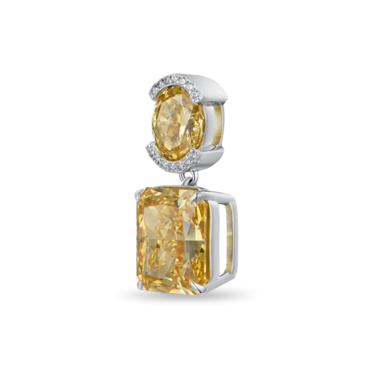 Серьга-подвеска Crushed Ice с желтым камнем изумрудной огранки и белой позолотой