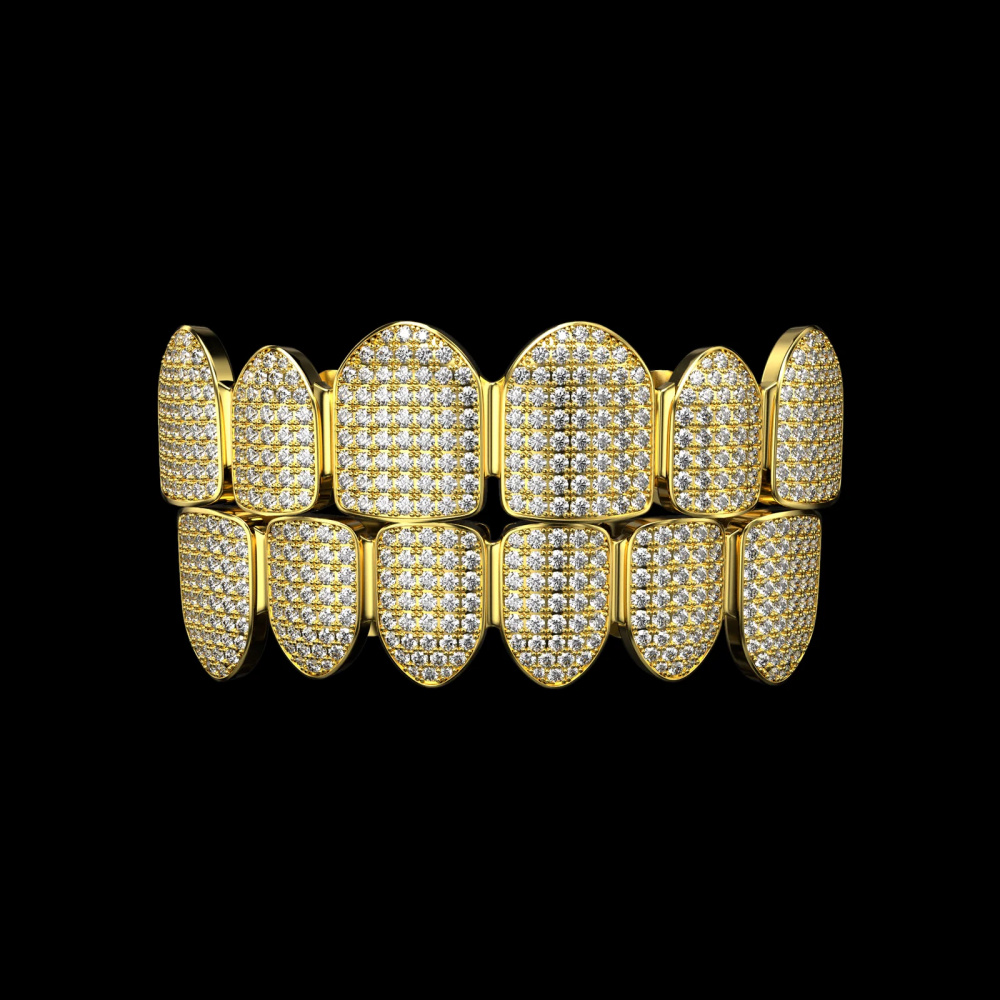 Фото и внешний вид — Гриллз 6 зубов с камнями и желтой позолотой