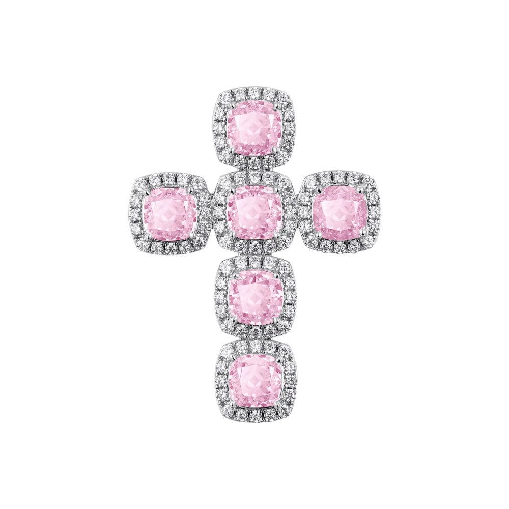 Фото и внешний вид — Подвеска Clustered Cross с лучистой огранкой, розовыми камнями и белой позолотой