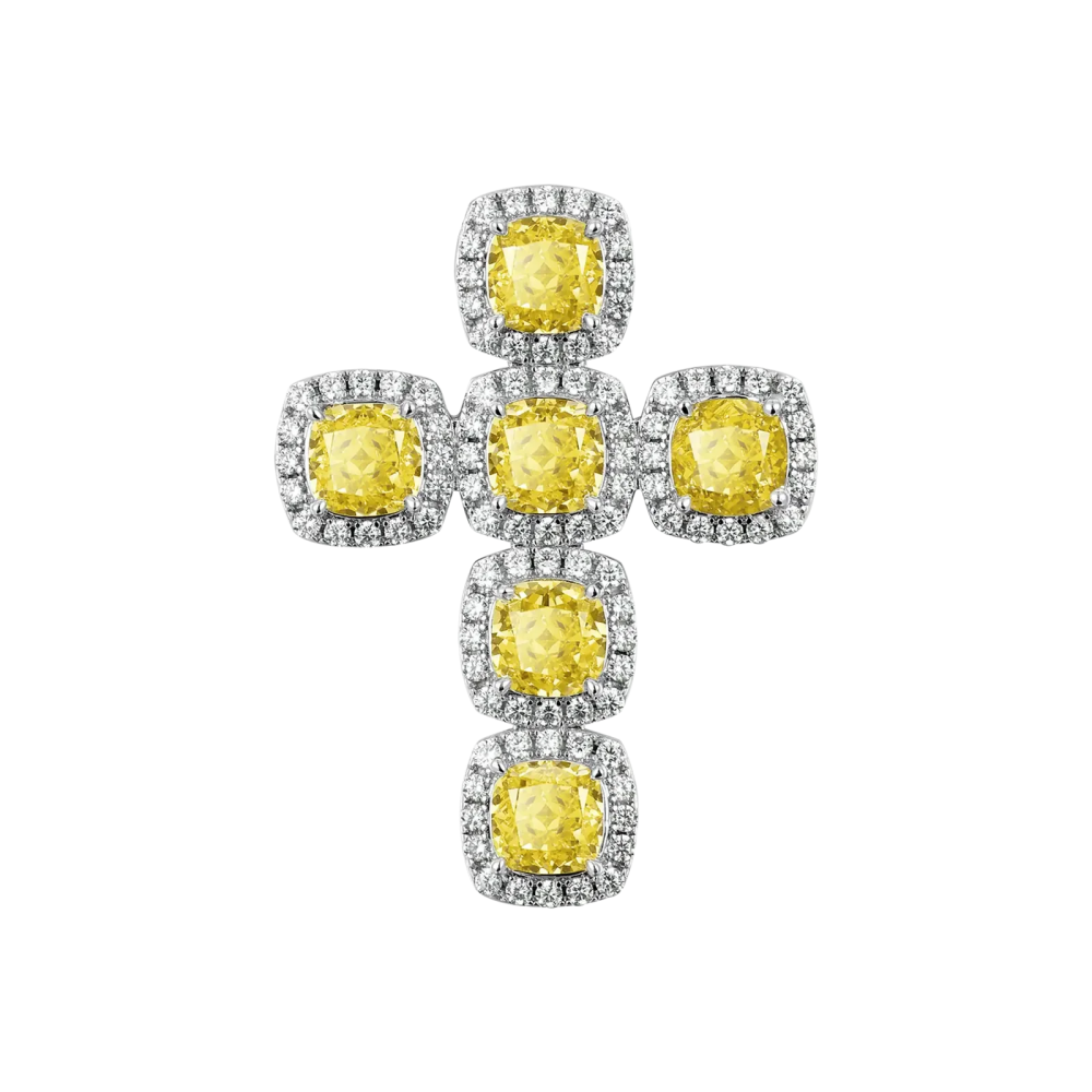 Фото и внешний вид — Подвеска Clustered Cross с лучистой огранкой, желтыми камнями и белой позолотой