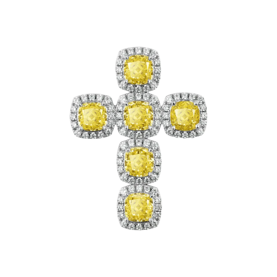 Подвеска Clustered Cross с лучистой огранкой, желтыми камнями и белой позолотой