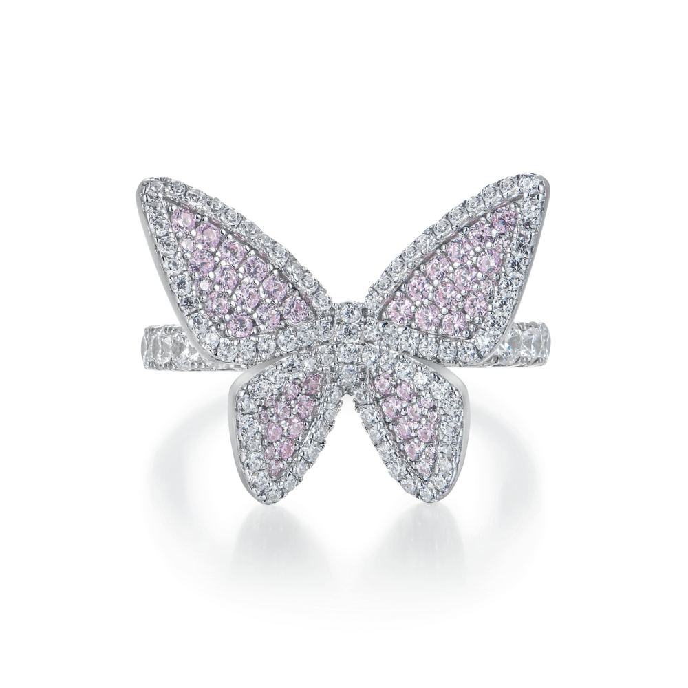 Фото и внешний вид — Кольцо Butterfly с розовыми и белыми камнями и белой позолотой